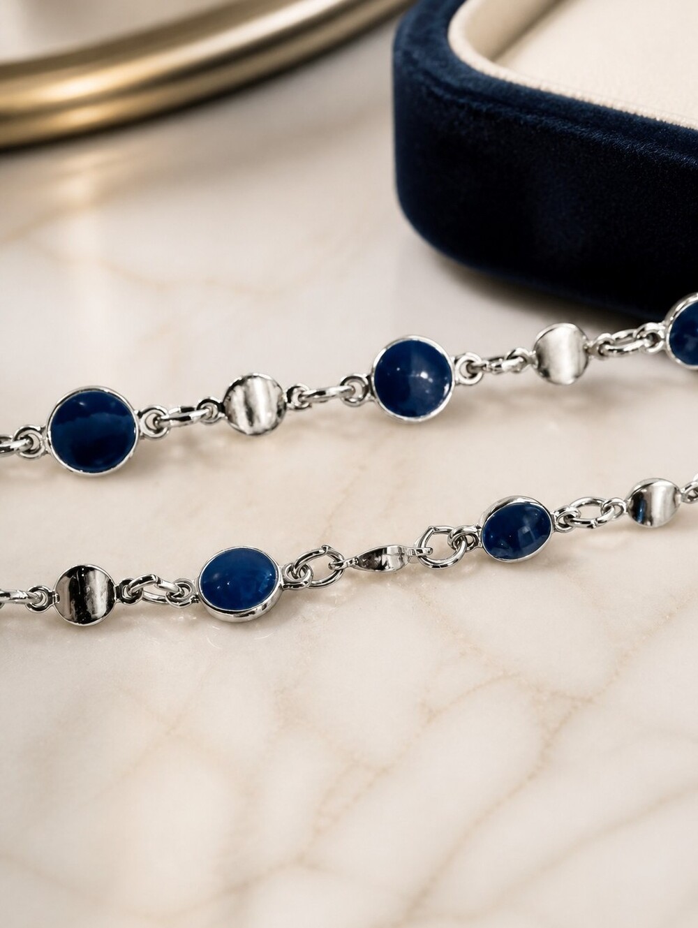 Necklace Extra Long Double Strand Silver And Navy Blue